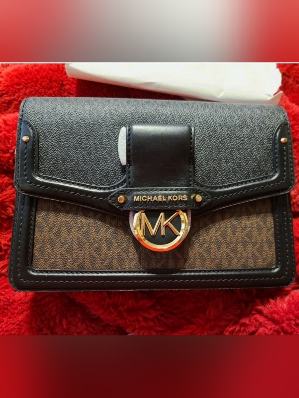 Authentic* Michael Kors Black & Brown Two-Tone W/Off-white Sides Crossbody Purse